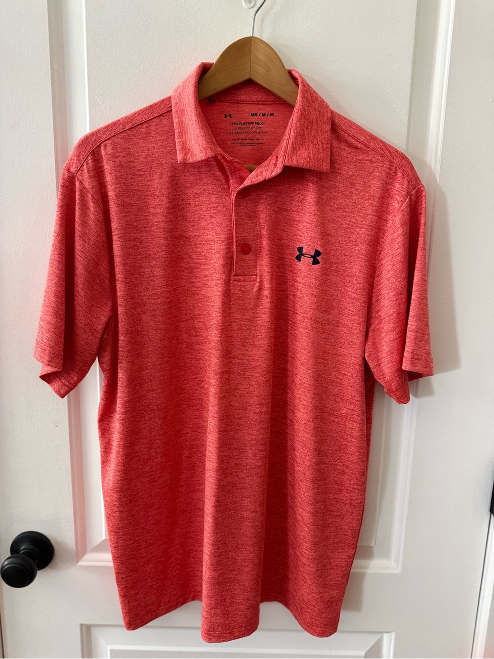 Under Armour Men’s Heather Coral Polo with black logo